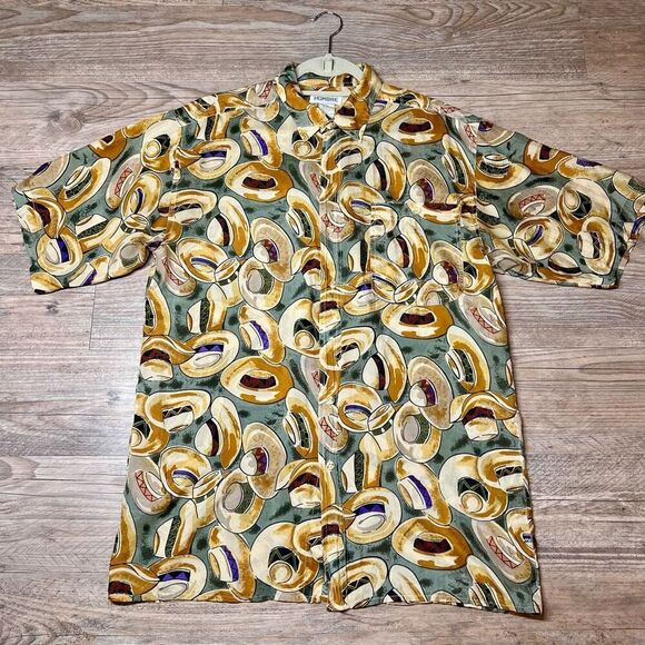 Hombre Mens Multicolor Hat Print 100% Silk Short Sleeve Button Up‎ Shirt Medium - Picture 1 of 8